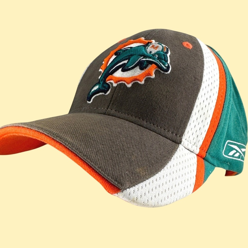 Vintage Reebok Miami Dolphins Hat Men L/XL NFL Equipment Orange Teal Mesh Cap
